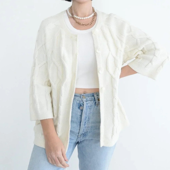 Vintage Liz & Co. Cream Knit Button Up Cardigan Sweater  Size 2X - Picture 2 of 12